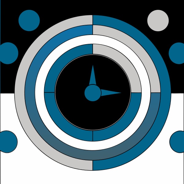 Displays A Graphic Design A Stylized Clock With Blue And Gray Circles Set Against A White Background — Stock Vector