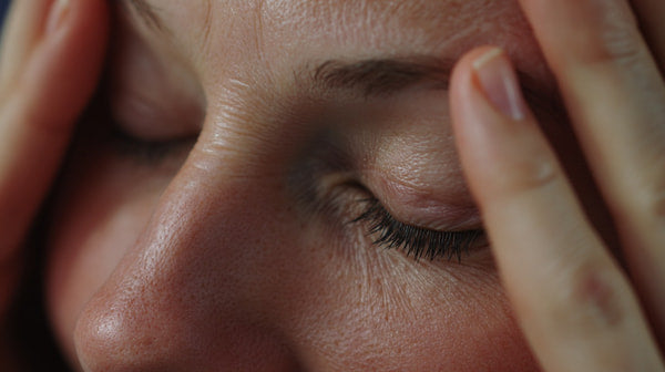 A Close Up Portrait Of An Individual With Their Hand Placed On Their Forehead In A Pose — Stock Photo