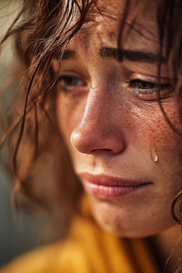 woman s face in close up distress sadness with water droplets on her skin against a blurred background - Stock Video