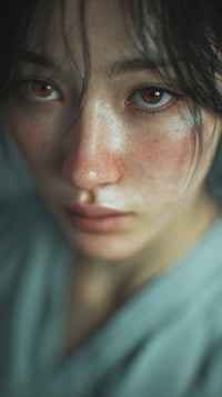 Woman S Face In Close Up Looking Directly At Camera With A Neutral Expression And Soft Lighting — Stock Photo