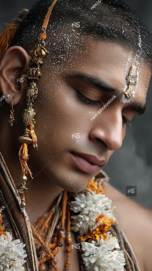 A Man Adorned With Traditional Indian Attire Including A Headpiece And Jewelry Is Captured In A Close Up Portrait — Stock Photo
