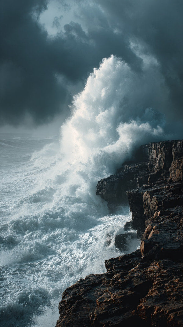 Captures A Scene Of Ocean Waves Crashing Against Cliffs With Dark Clouds Looming In The Background — Stock Photo
