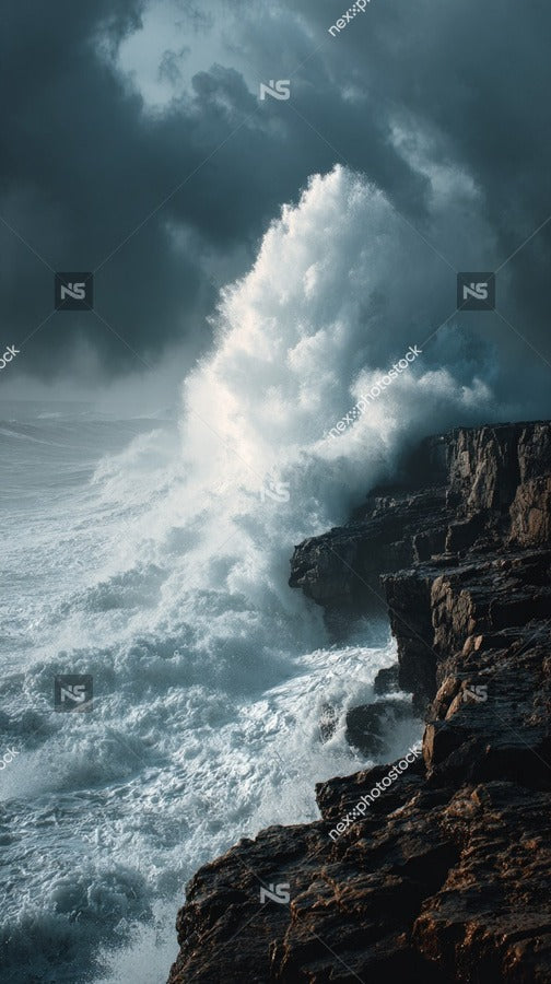 Captures A Scene Of Ocean Waves Crashing Against Cliffs With Dark Clouds Looming In The Background — Stock Photo