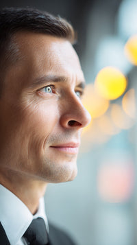 A Man Wearing A Suit And Tie Looking Off To The Side With A Serious Expression — Stock Photo