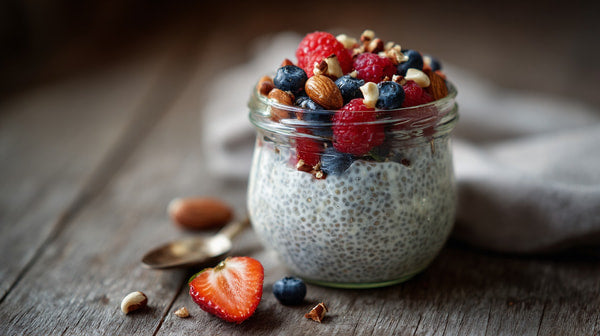 A Jar Of Raspberry Chia Pudding Topped With Blueberries And Nuts Placed On A Wooden Surface — Stock Photo