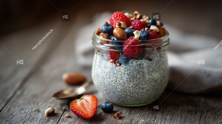A Jar Of Raspberry Chia Pudding Topped With Blueberries And Nuts Placed On A Wooden Surface — Stock Photo