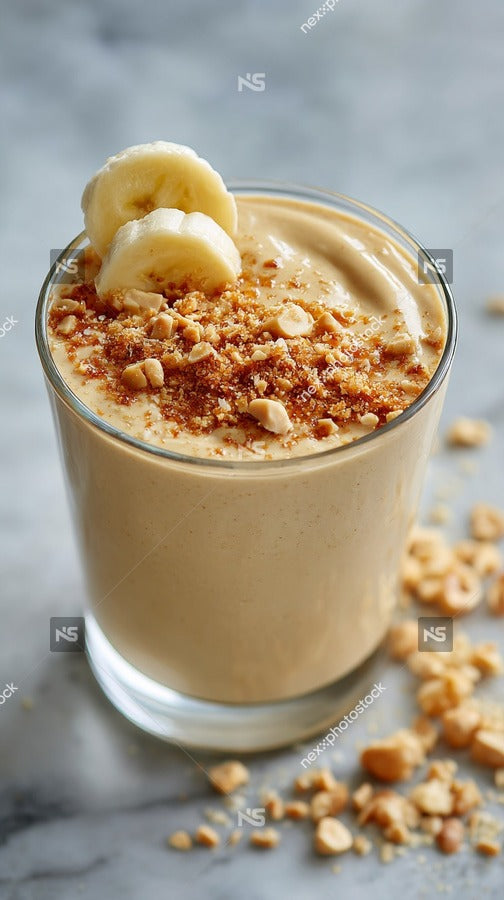 A Glass Of Banana Nut Smoothie With Whipped Cream On Top Garnished With A Sprinkle Of Nuts And A Slice Of Banana — Stock Photo