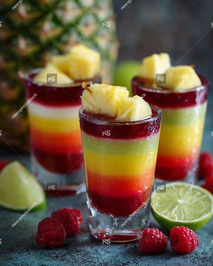 Three Layered Fruit Shots In Glasses Garnished With Straws And Lime Wedges Set Against A Backdrop Of Raspberries And Pineapple — Stock Photo