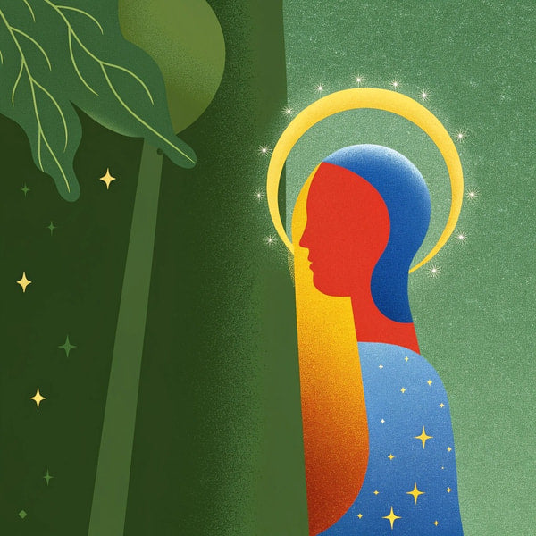 Illustration Of A Person Standing In Front Of A Tree With A Halo Around Their Head Depicted In A Colorful Stylized Manner — Stock Illustration