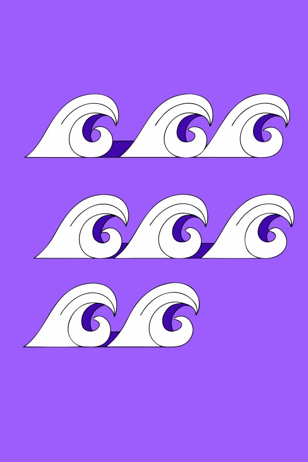 Five Waves Depicted In A Row Each With A Distinct Curl And Crest Against A Purple Background — Stock Vector