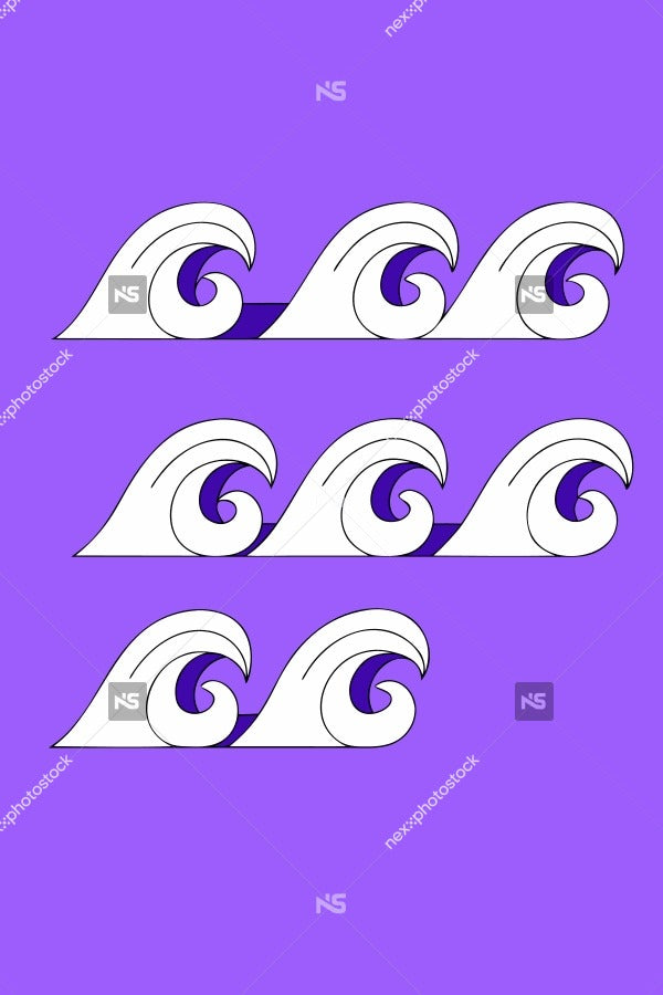 Five Waves Depicted In A Row Each With A Distinct Curl And Crest Against A Purple Background — Stock Vector