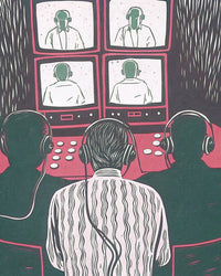 Three Men In A Control Room Each Wearing Headphones And Looking Intently At Multiple Computer Monitors Various Images Of Other People — Stock Illustration