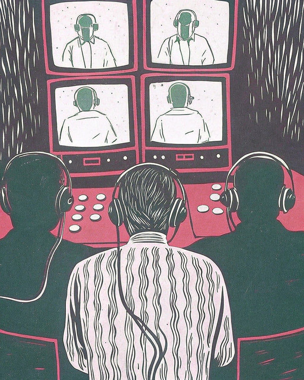 Three Men In A Control Room Each Wearing Headphones And Looking Intently At Multiple Computer Monitors Various Images Of Other People — Stock Illustration