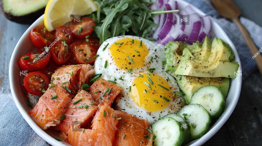 A Bowl Of A Healthy Breakfast Containing Eggs Salmon Avocado Cherry Tomatoes Cucumbers And Salad Greens — Stock Photo