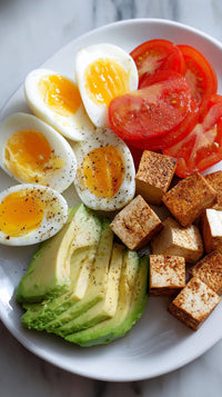 A Plate Of Avocado Toast Topped With Fried Eggs Cherry Tomatoes And A Sprinkle Of Seasoning — Stock Photo