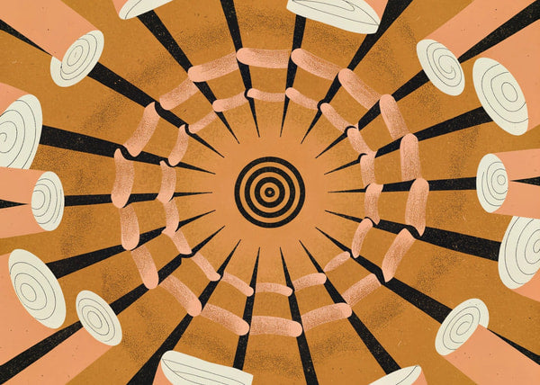 Abstract Art Illustration With A Central Spiral Pattern And Various Shapes And Colors Radiating Outward — Stock Illustration