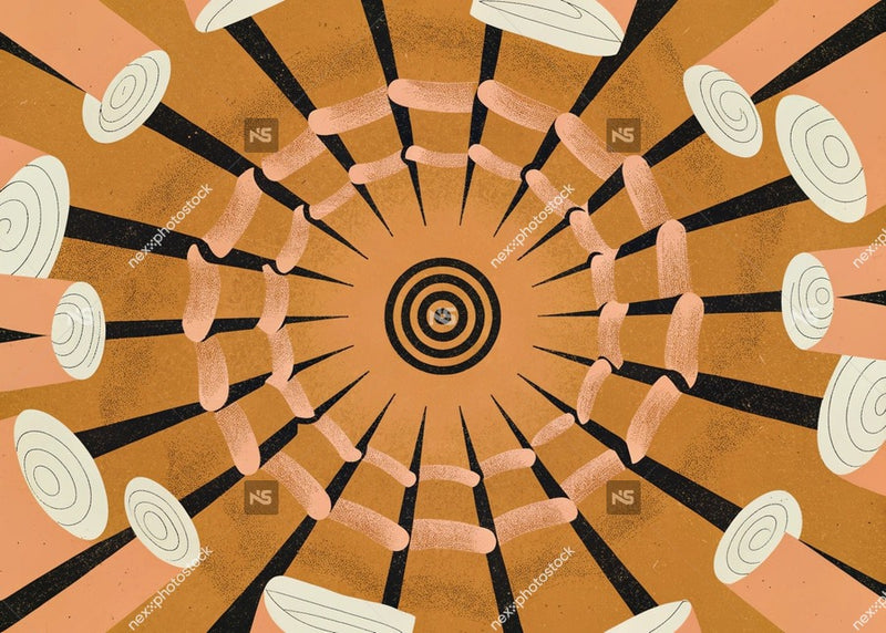 Abstract Art Illustration With A Central Spiral Pattern And Various Shapes And Colors Radiating Outward — Stock Illustration