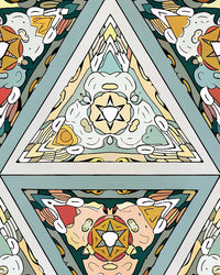 Stained Glass Artwork With Intricate Designs And Vibrant Colors Showcasing A Variety Of Patterns And Shapes Within A Square Frame — Stock Illustration
