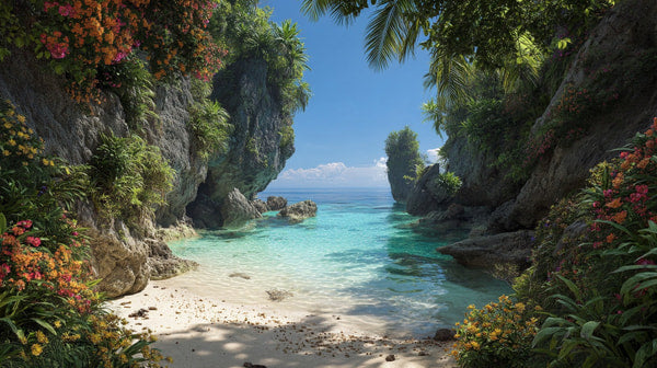 A Picturesque Tropical Beach Scene Lush Vegetation And A Serene Lagoon Inviting Relaxation And Exploration — Stock Photo