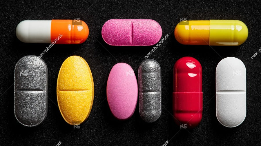 A Collection Of Pills In Different Shapes Sizes And Colors Against A Black Background — Stock Photo