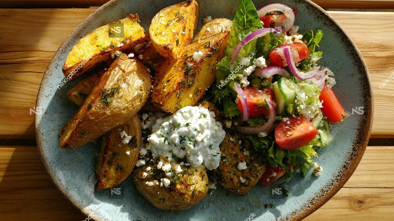 A Plate Of Food Consisting Of A Salad And Potatoes Presented In A Restaurant Setting — Stock Photo