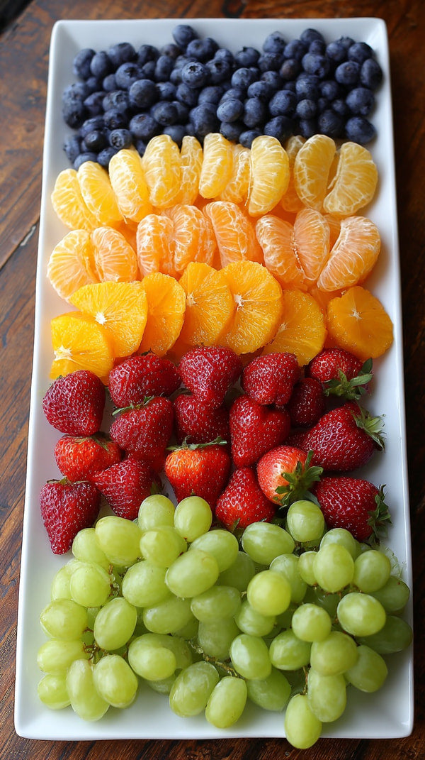 Colorful Fruit Platter With A Variety Of Fruits Including Grapes Oranges Strawberries And Bananas Arranged On A White Plate — Stock Photo