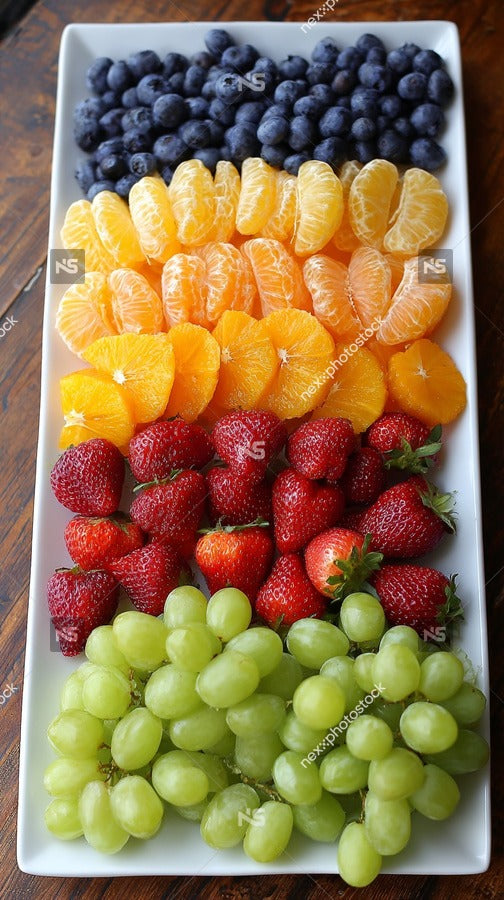Colorful Fruit Platter With A Variety Of Fruits Including Grapes Oranges Strawberries And Bananas Arranged On A White Plate — Stock Photo