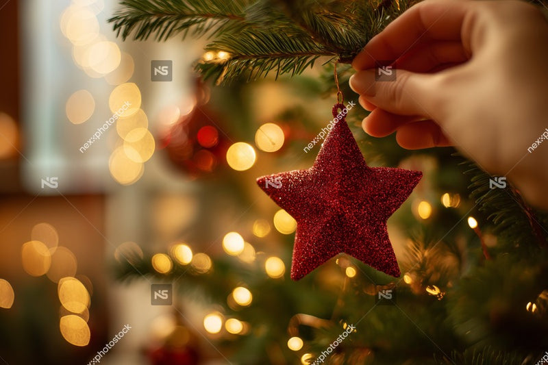 Hand Holding A Red Star Ornament On A Christmas Tree Decorated With Lights And Other Festive Decorations — Stock Photo