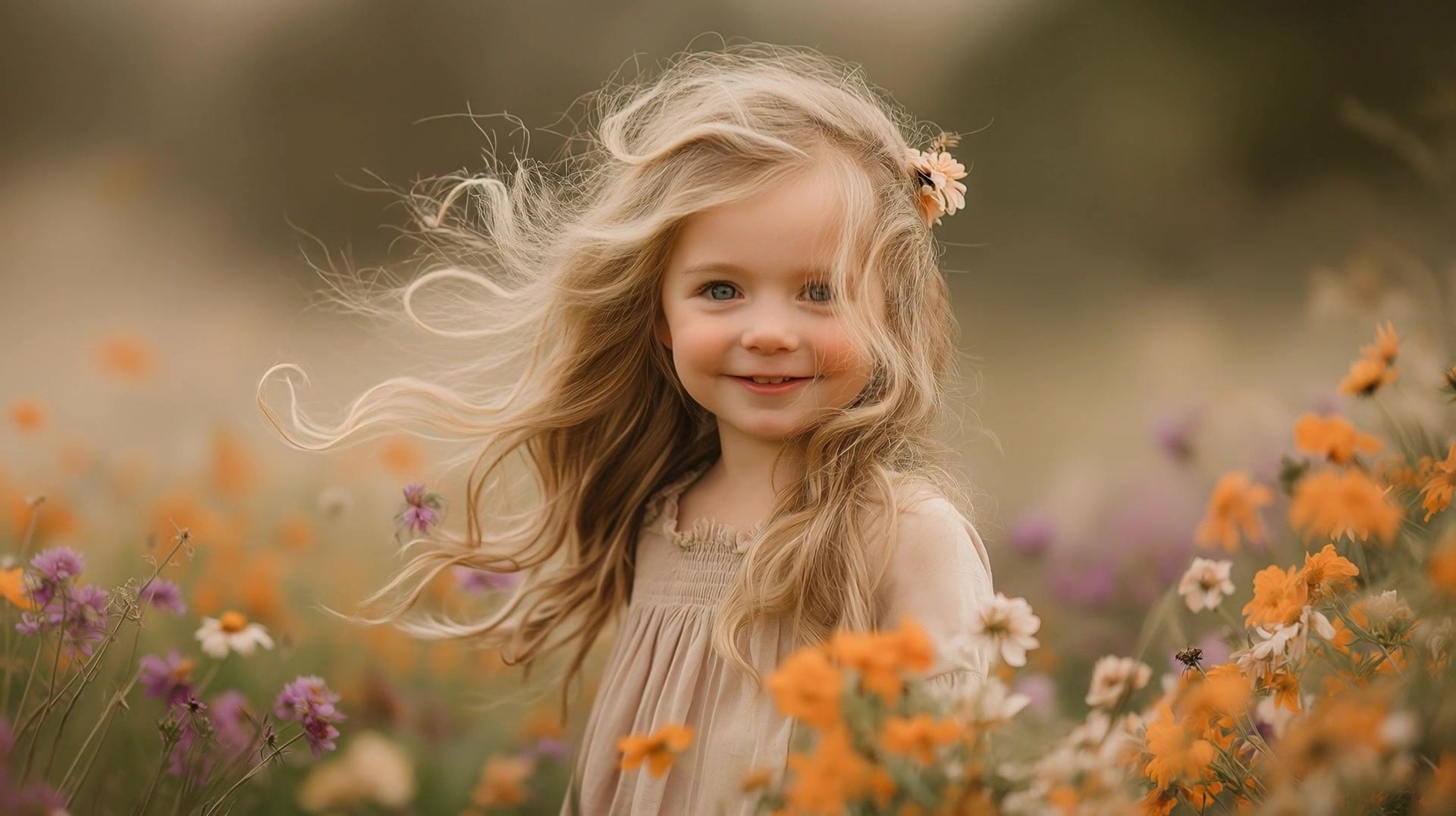 a young girl stands amidst a field of wildflowers her hair blowing gently in the breeze - Stock Video