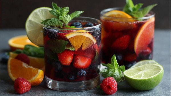 Two Glasses Of Sangria With Sliced Fruit And Mint Leaves On A Dark Surface — Stock Photo