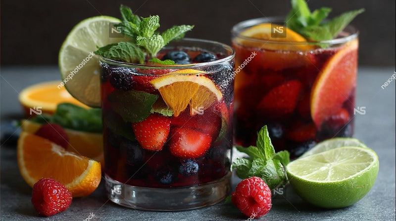 Two Glasses Of Sangria With Sliced Fruit And Mint Leaves On A Dark Surface — Stock Photo