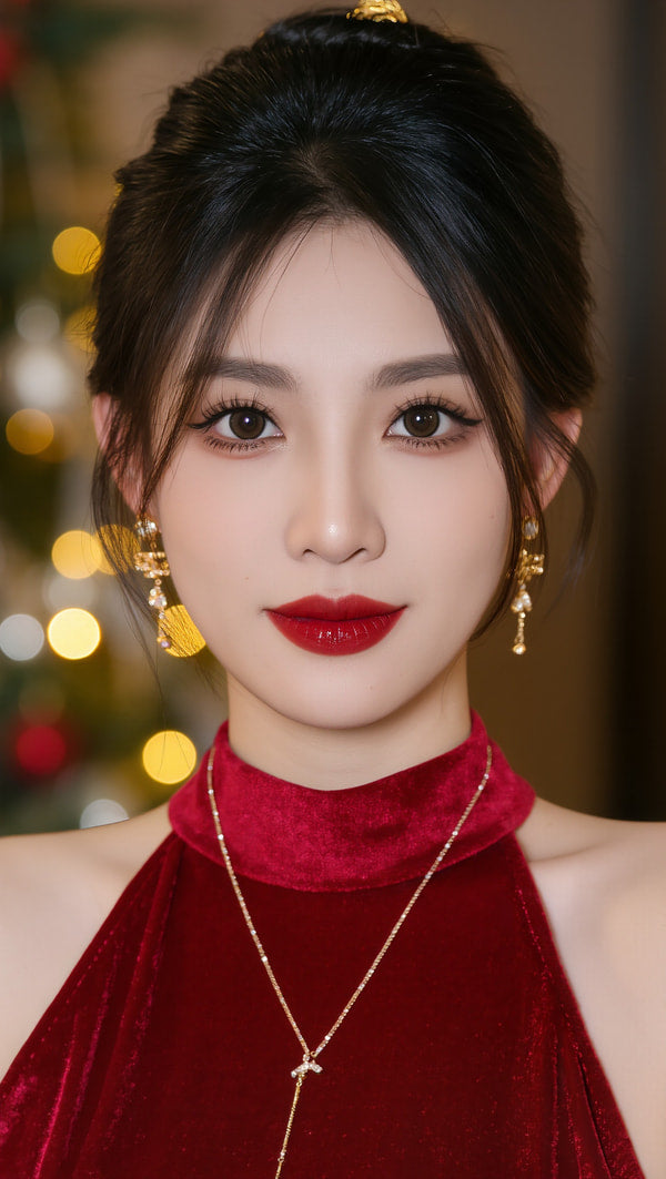 A Portrait Of A Young Woman With Dark Hair Wearing A Red Velvet Dress And Makeup — Stock Photo