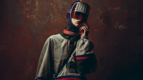 Futuristic Fashion Photography A Model In A High Tech Outfit Striking A Pose Against A Rusted Metal Background — Stock Photo