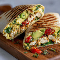 Shows A Wrap With Grilled Chicken Avocado And Vegetables Presented On A Wooden Surface — Stock Photo