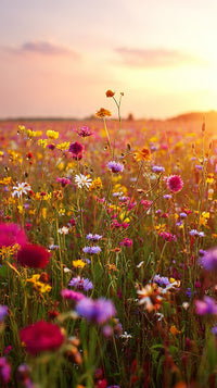 Colorful Field Of Wildflowers With A Sunset In The Background Showcasing A Variety Of Flowers And Colors — Stock Photo