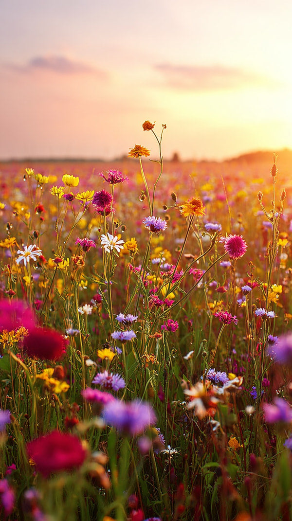 Colorful Field Of Wildflowers With A Sunset In The Background Showcasing A Variety Of Flowers And Colors — Stock Photo