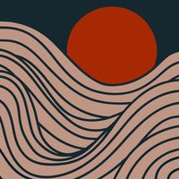 Depicts A Stylized Representation Of A Sun Setting Behind Wavy Lines With A Prominent Red Circle That Be Interpreted As A Sun — Stock Vector
