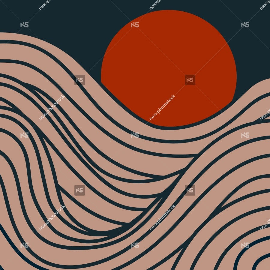 Depicts A Stylized Representation Of A Sun Setting Behind Wavy Lines With A Prominent Red Circle That Be Interpreted As A Sun — Stock Vector