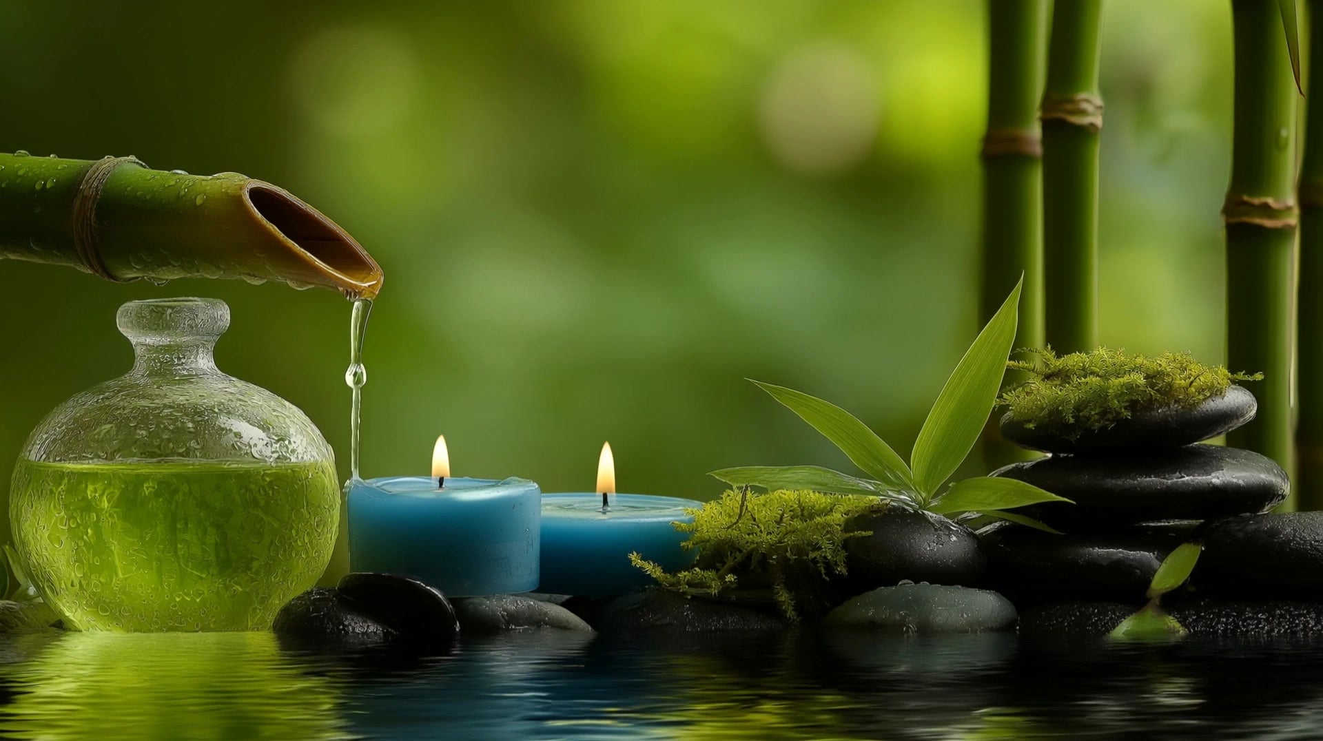 a tranquil zen garden scene a bamboo arrangement candles and rocks set against a serene backdrop of water - Stock Video