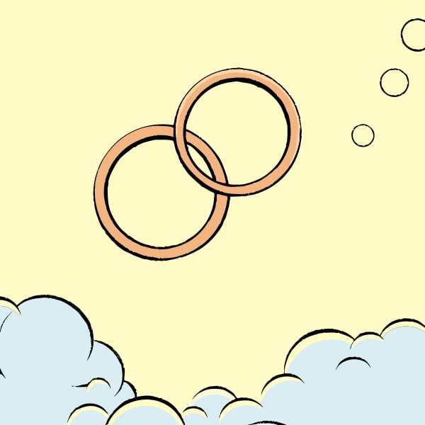 Depicts Two Rings Floating In A Blue Sky With Clouds Visible In The Background — Stock Vector