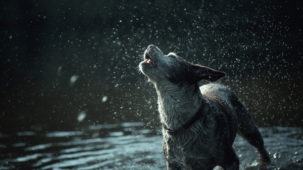 A Dog Standing In A Body Of Water Looking Up Towards The Sky With Its Mouth Open As It To Be Raining — Stock Photo