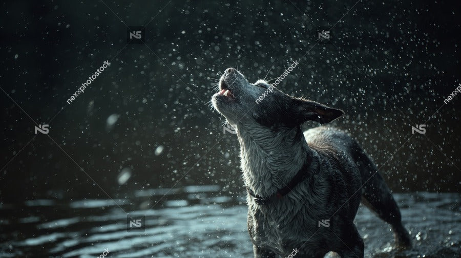 A Dog Standing In A Body Of Water Looking Up Towards The Sky With Its Mouth Open As It To Be Raining — Stock Photo