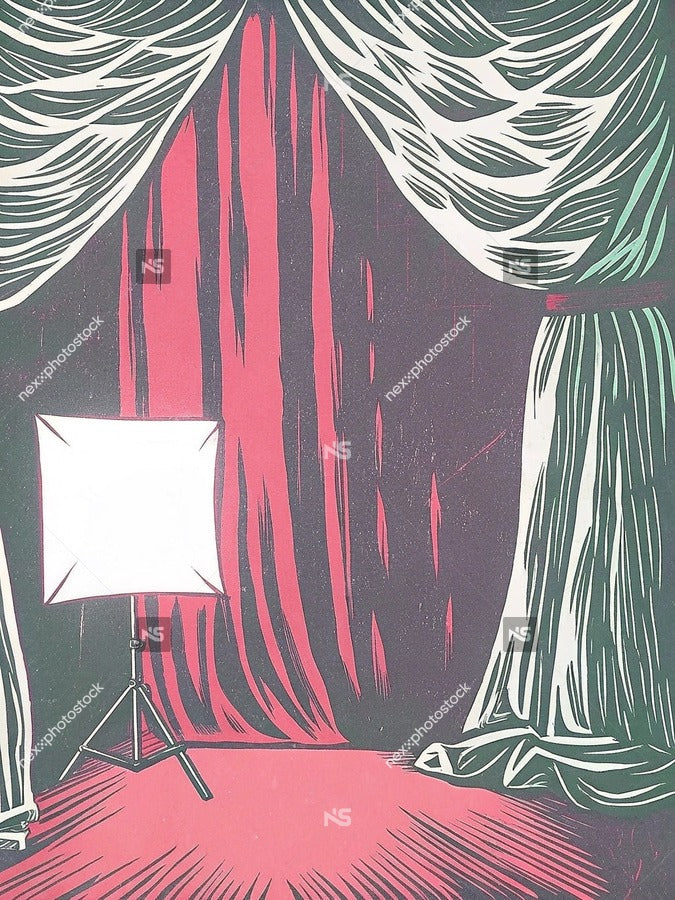 Black And White Vintage Theater Poster With Stage Curtain And Camera Set Up In Front Of It — Stock Illustration