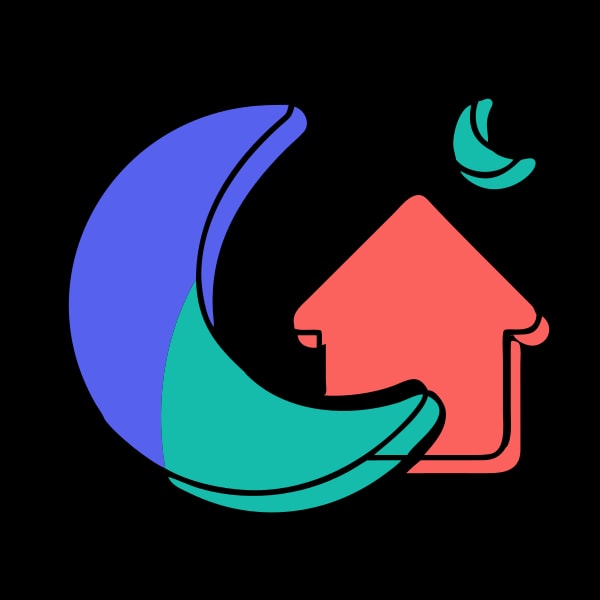 Moon And House Graphic With A Crescent Moon In The Background And A Stylized House In The Foreground — Stock Vector