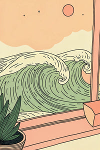Illustration Of A Tranquil Scene A Window View Of A Large Wave In The Ocean Under A Full Moon — Stock Illustration