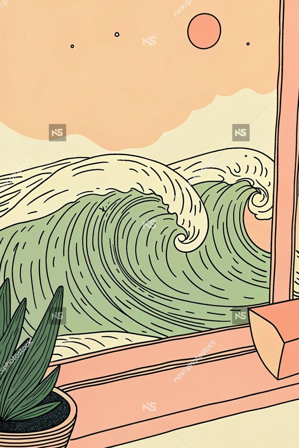 Illustration Of A Tranquil Scene A Window View Of A Large Wave In The Ocean Under A Full Moon — Stock Illustration