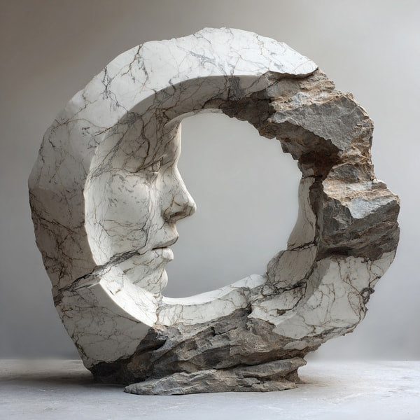 Marble Sculpture With A Moon Shaped Backdrop Showcasing An Representation Of A Face Within A Circular Frame — Stock Photo
