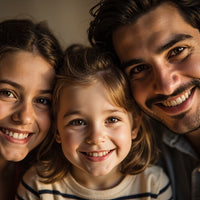 A Family Portrait Of A Man Woman And Child Smiling Together In Front Of A Camera — Stock Photo