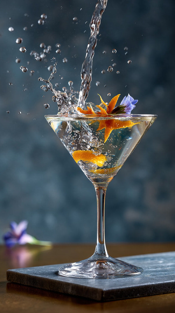 A Martini Cocktail Garnished With An Orange Twist Served In A Glass On A Black Tray — Stock Photo
