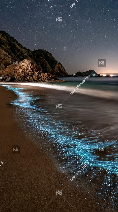 Showcases A Nighttime Beach Scene With A Mesmerizing Blue Light Phenomenon On The Shoreline — Stock Photo